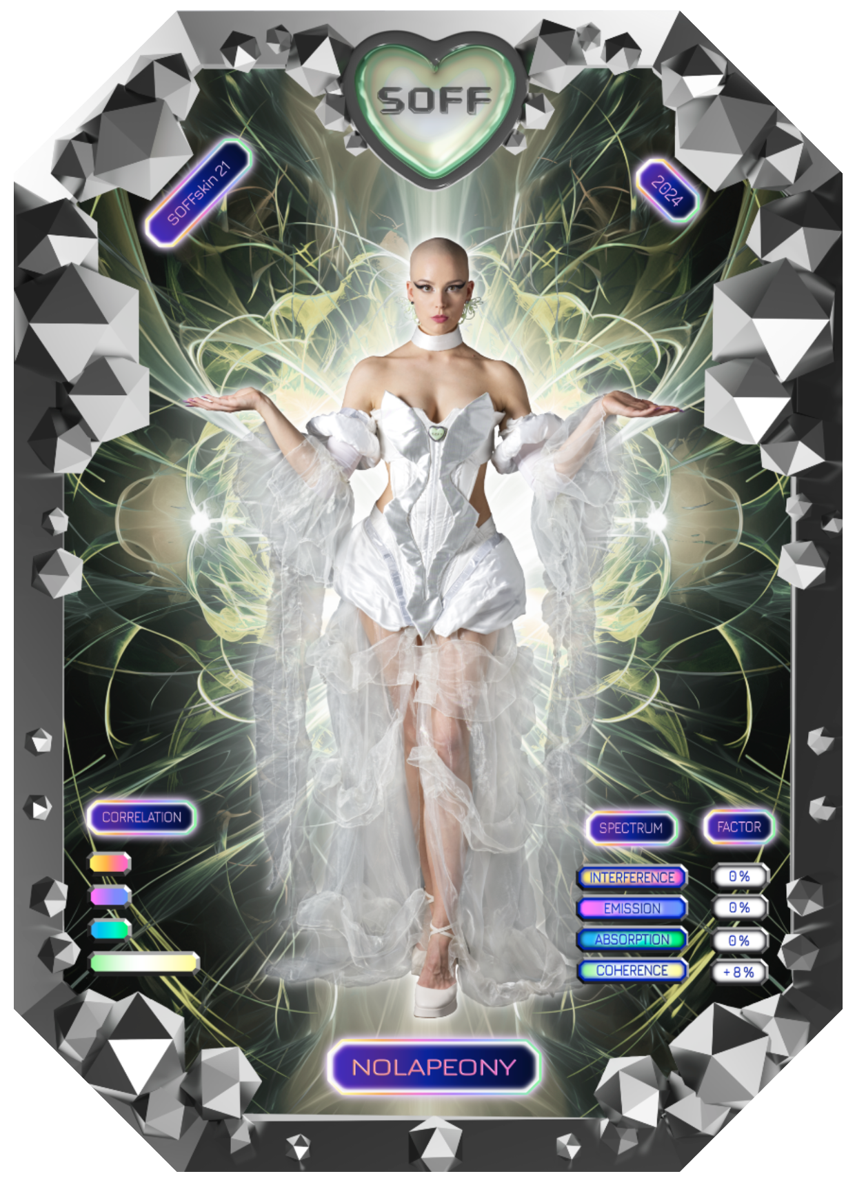 Collectible SOFFskin Card by artist SOFF , also known as Sophie Ramirez , showing a woman in a futuristic white dress that belongs to a posthuman art game